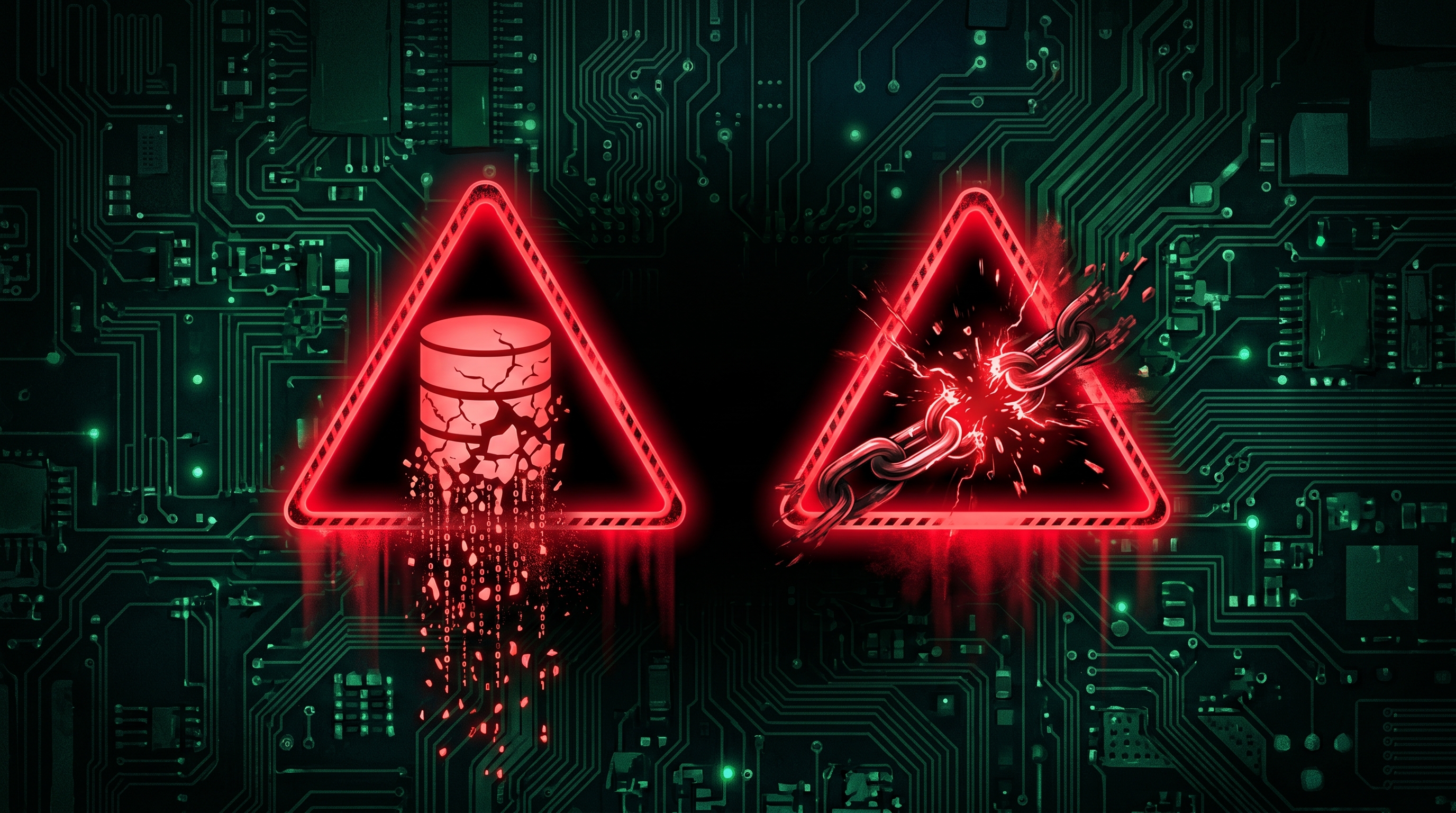 Two red warning triangles: a crumbling database representing data corruption, and a snapping chain representing a mid-loop crash