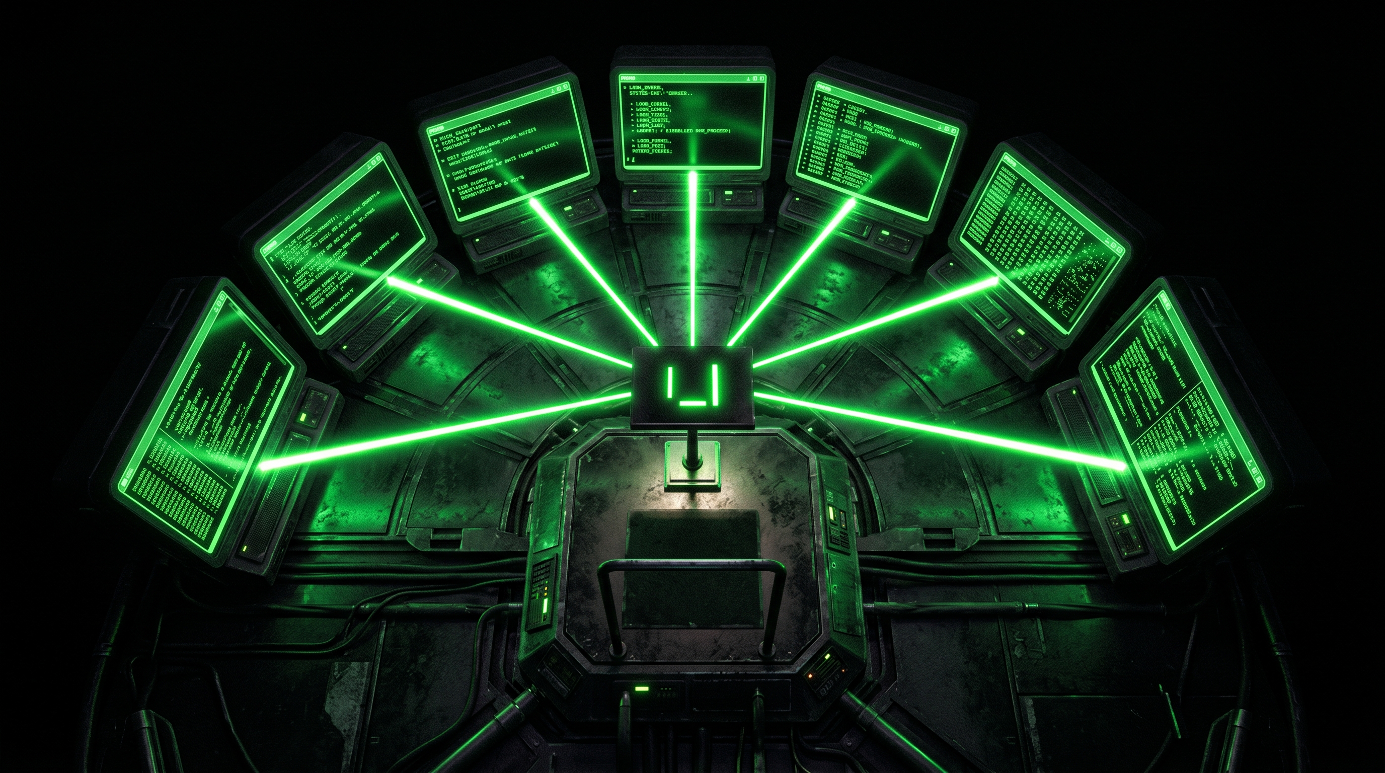 Seven glowing green terminal screens arranged in a semicircle around a central conductor's podium, connected by green light beams