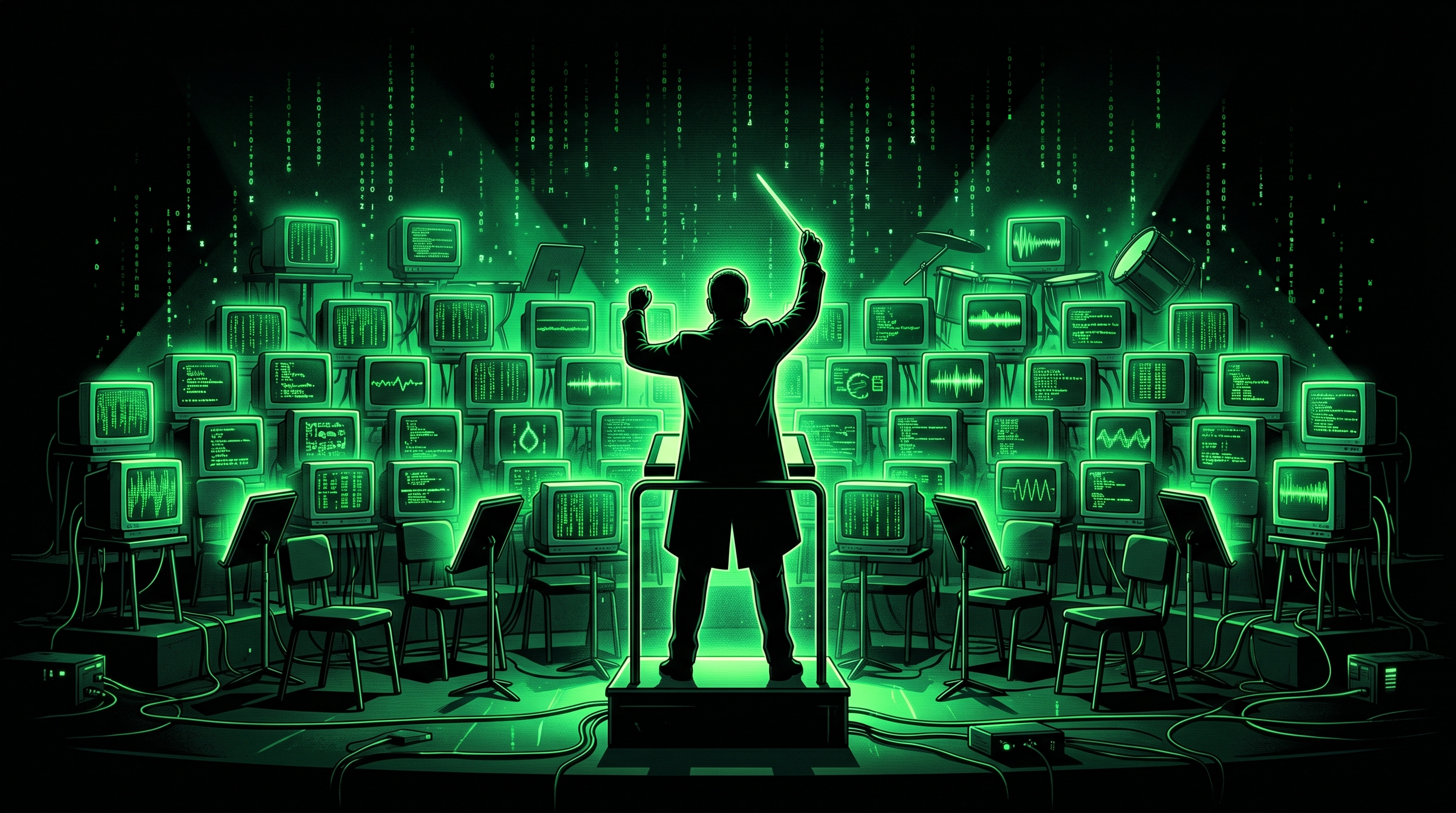 A conductor leading a full orchestra where every musician is a glowing CRT terminal window showing matrix-green code, arranged in traditional orchestra rows, with green light beams radiating upward.